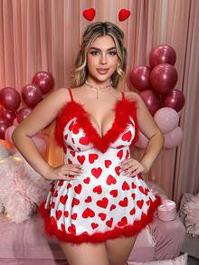 3pcs Plus Size Milk Silk Patchwork Lingerie Set, Valentine's Day - Red and White - View 1