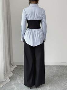 Siren Gaze Women's Blue Striped Long Sleeve Blouse With Black Corset Overlay & Wide Leg Pants Set,Blackness,Autumn,Elegant,Office 2 Pieces Patchwork Casual Suit - Multicolor - View 5
