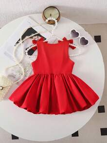 SHEIN Baby Girls Everyday Casual Red Polyester Sleeveless Short Dress With Round Neckline - Red - View 2