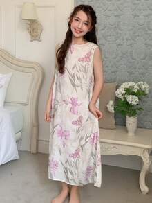 DAZY Tween Girl Floral Print Sleeveless Crew Neck Dress Loungewear - Mauve Purple - View 1