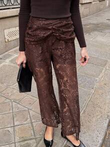 Pariaura 2026 Spring/Summer French Elegant Hollow Lace Casual Pants, Women High Waist Slimming Drape Straight Leg Flared Wide Leg Trousers, Summer, Lined, Side Zipper, Waist Pleated Design, Commuter Wear, New Ladies Spring/Summer Pants Brown Brown Lace Skirt Long Brown Skirt Brown Outfit Women Lace Maxi Skirt Brown Lace Top - Coffee Brown - View 5