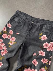 ROMWE MEN Anime Quần jeans nam ống rộng dáng suông in hoa và da hổ, có túi, kiểu dáng thường ngày. - màu đen - Xem 5