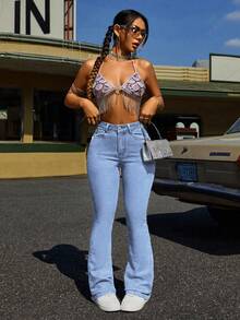 SHEIN PETITE 女士休闲水洗修身喇叭牛仔裤 - 淺色水洗藍 - 查看 4