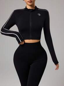 Dewbera Contrast Trim Zipper Letter Print Tight Fit Long Sleeve Sports Jacket - Multicolor - View 3