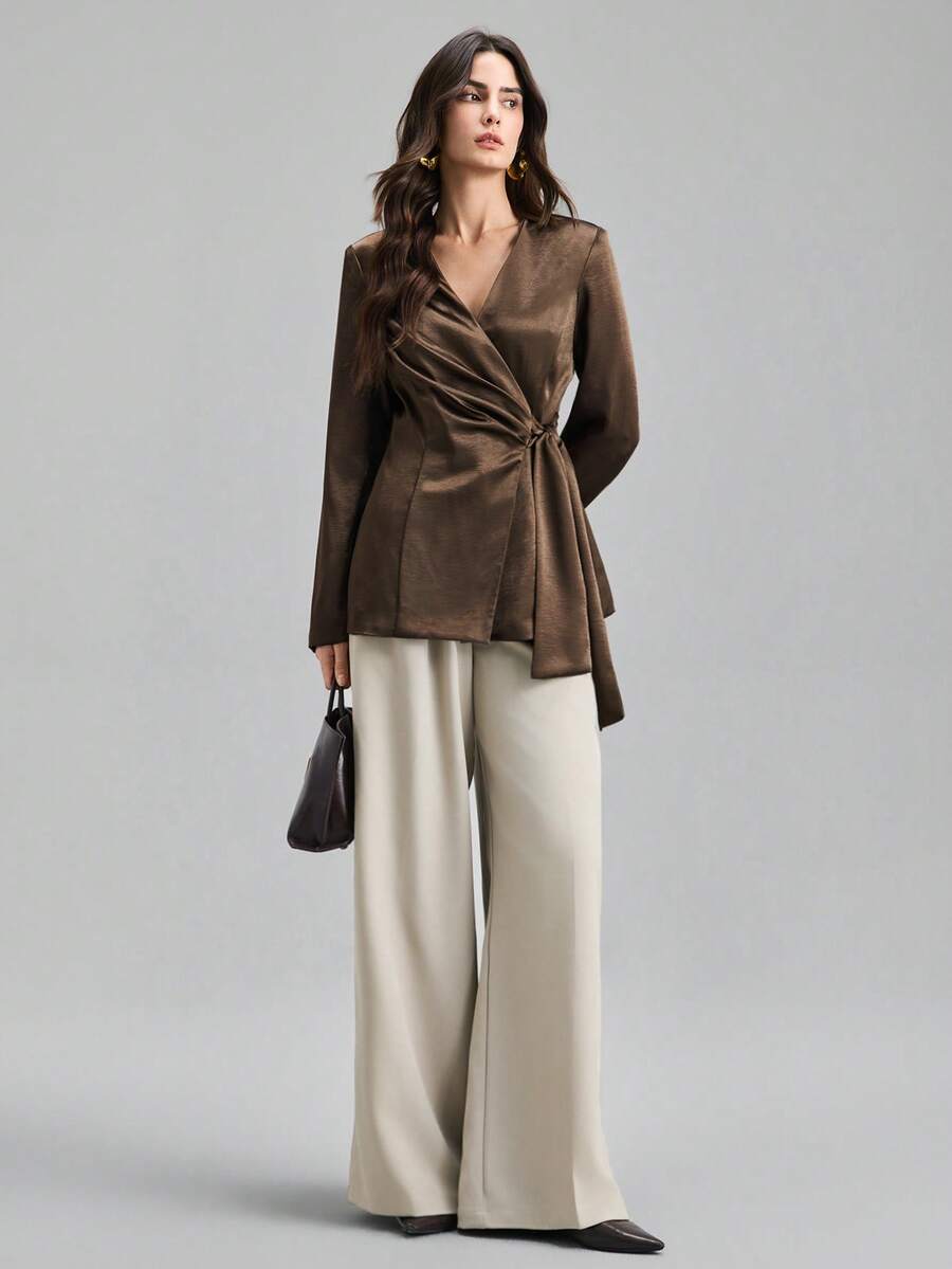 Ontre 2026 New Spring/Summer Women's Woven Fabric Tie-Up Design Asymmetric Loose Fit Brown Blazer Jacket, Suitable For Valentine's Day, Wedding Season, Independence Day, Urban Chic, Minimalist Fashion For Commuting - Brown - View 1