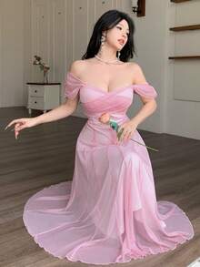 Modelyn 法式优雅无袖方领收腰喇叭中长连衣裙，粉色 - 粉色 - 查看 5