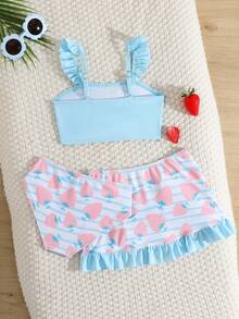 SHEIN 4pcs/Set Girls (Small) Swimsuit Set, Spring/Summer Beach Swimwear Set, New Arrival. Includes Spaghetti Strap Swimsuit Top, Bottoms, Cover-Up Skirt, And Sun Hat. Adorable Strawberry Pattern Makes Girls Cuter, Ruffled Hem Adds Sweet And Lovely Touch. Strawberry Pattern Is Very Cute. 3 Piece Bikini Set Strawberry Print Bikini With Skirt Ruffled Bikini Top And Skirt Girls Two Piece Swimwear Young Girl 3 Piece Swim Suit - Baby Blue - View 2