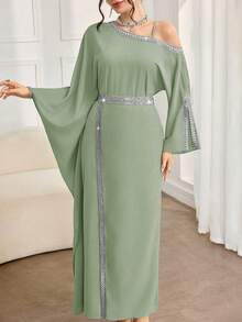 Al Najma Đầm nữ thanh lịch phối ren và ruy băng kiểu Ả Rập, thích hợp cho mùa thu. - màu xanh lá - View 5