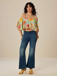 Felipe Marques Áo croptop nữ mùa hè đi biển in hoa, hở vai, xếp tầng, viền bèo nhún. - Nhiều màu - Xem 6