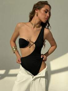 Aloruh Black One-Shoulder Bodysuit For Women,Metallic Embellishments Fitted Cut,Seksi Chic Summer Club Nightclubs Music Festivals Y2K Bohemian Outfits - Black - View 7