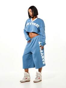 BABYPHAT Pantalón corto de chándal de pierna ancha con logo de varsity y texto impreso en el lateral para ropa de estar en casa en otoño - Azul - Ver 7