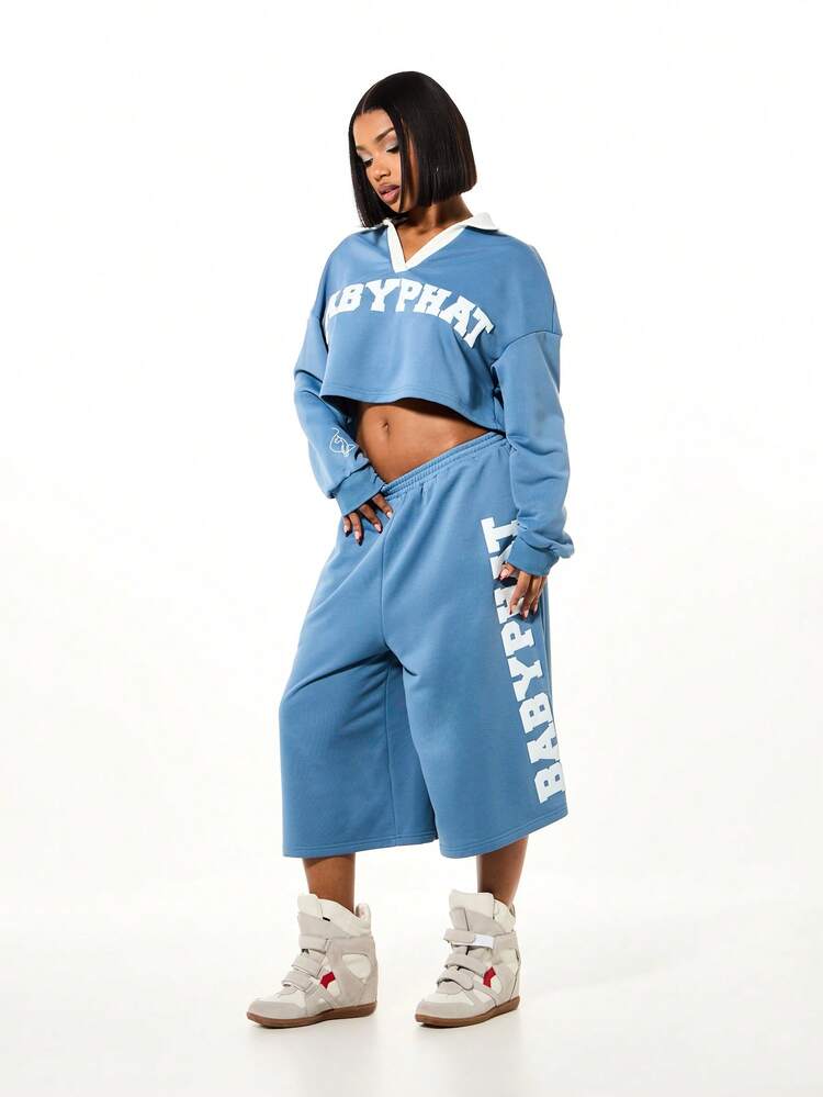 BABYPHAT Varsity Logo Casual Wide Leg Sweatpant Jorts With Side Text Print For Autumn Loungewear