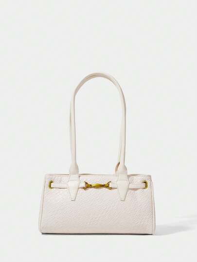 SHECARRY 女士时尚优雅搭扣装饰单肩包/法棍包，压纹编织材质，适合日常通勤。