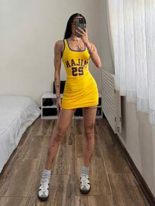 StreetHx Women's Fitted Bodycon Sleeveless Dress With Numeric Print - Yellow - View 5