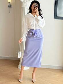 Modelyn Women's Elegant Commuter 3D Floral Decor Skirt Lilac Lavender Skirt Elegant Lavender Pencil Skirt Women's Fashion Skirt - Purple - View 6