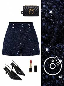Ellevyn Women's Navy Blue Sequin Mini Shorts With Button Detail Party Style Woven Fabric - Navy Blue - View 11