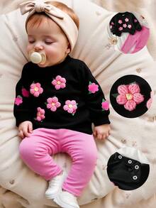SHEIN 新生女宝宝休闲甜美3D立体花卉卫衣和粉色罗纹裤套装 - 黑色 - 查看 3