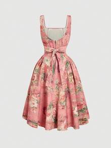 SHEIN MOD Vestido de mezclilla sin mangas con cuello cuadrado y volantes con estampado floral para mujer - Rosa - Ver 2