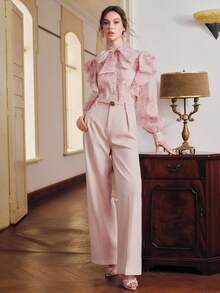 Anewsta 新款女士长袖粉色玫瑰褶皱优雅精致奢华蝴蝶结衬衫，春夏上衣 - 粉色 - 查看 5