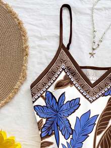 Soleia Đầm dáng ngắn thoải mái, tối giản, phong cách Bohemian, retro, họa tiết hoa lá, cây dừa, màu nâu và xanh dương, kiểu dáng bãi biển, họa tiết hoa, dây mảnh, thích hợp cho nữ, mùa xuân/hè. - Nhiều màu - Xem 5
