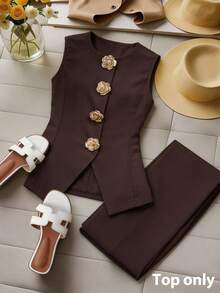 Editum Women's Sleeveless Vest Waistcoat, Brown Round Neck Rose Gold Metal Button, Elegant For Daily Wear, Commute, Autumn/Winter, Early Spring Dark Brown Top Women Sleeveless Tops Classy Top Tops For Women Elegant Business Casual Tops Woman