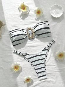 Swim Mod Bộ bikini hai mảnh kẻ sọc họa tiết nhiệt đới dành cho nữ, trang phục nghỉ dưỡng thường ngày. - Nhiều màu - Xem 6