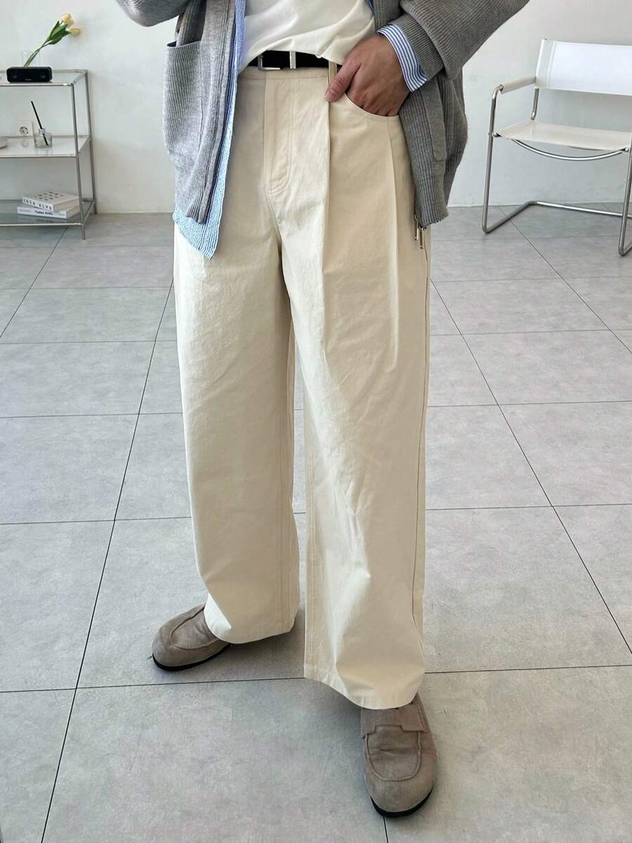 DAZY Men's Pleated Straight Leg Loose Pants With Pockets, Spring/Autumn - Beige - View 1