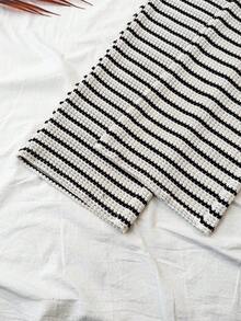 Teen Girls' Fashion Casual Asymmetric Striped Texture Black White Apricot Striped Cropped Off-Shoulder T-Shirt And Pants 2-Piece Set - Black and White - View 5