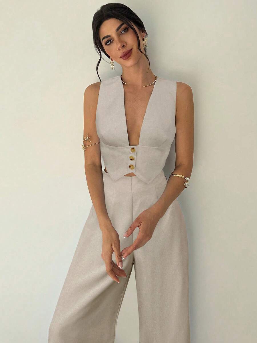 Firerie 两件套女士优雅休闲简约通勤办公日常度假V领无袖蓝白条纹背心和高腰阔腿直筒蓝白条纹裤套装，夏威夷度假装、海滩装、机场装、教师装 - 杏色 - 查看 1