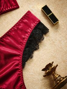 PinupPomp 2pcs Plus Size Sexy & Charming Series Satin Contrast Lace Bow Decor Underwire Bra Set - Burgundy - View 4