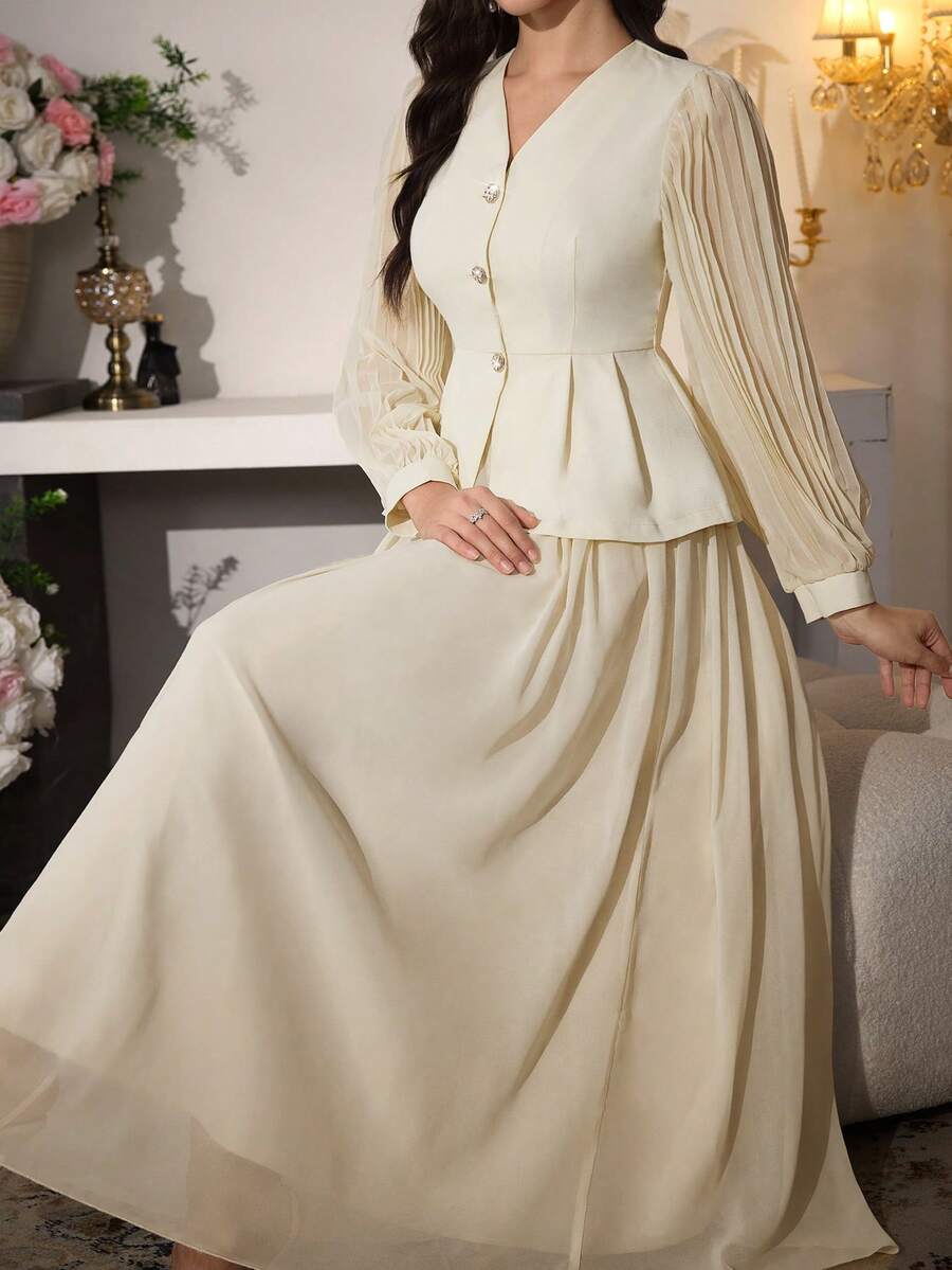 Modelyn 两件套优雅孔雀印花雪纺泡泡袖褶皱摆裙套装 - 杏色 - 查看 1