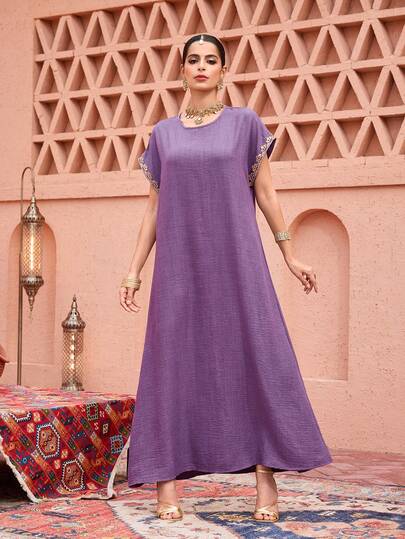 Al Najma Vestido casual suelto de unicolor con cuello redondo, manga corta y decoración de cinta elegante
