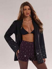 SHEIN BAE Damskie szorty na imprezę z ozdobnymi kryształkami - Kawowy brązowy - Zobacz 5