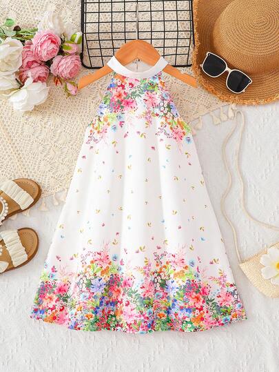 SHEIN Vestido casual de gasa sin mangas con estampado floral pequeño para niña