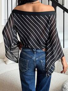 Siren Gaze Women's Striped Off-Shoulder Fashionable Versatile Commuting Long Sleeve Top - Black - View 2