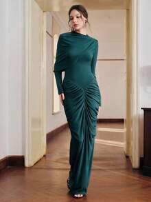 Anewsta Spring Elegant Green Ruched Design Fitted Dress, Women Lightweight High Collar Cape Style Graceful Dress - Green - View 5