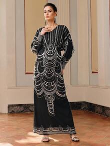 Anewsta Áo choàng Kaftan cao cấp màu đen thanh lịch, thắt eo, thêu chỉ vàng và đính cườm thủ công. - màu đen - Xem 4