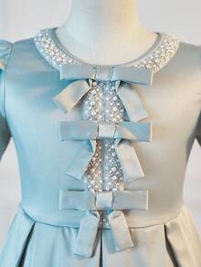 SHEIN Dusty Pink Girls Everyday Casual Dress Round Neck Puff Short Sleeve Zipper Midi A Line For Church And Special Occasions Dusty Blue Dress Girls Blue Dresses For Girls Bow Deco Mint Dress - Dusty Pink - View 9