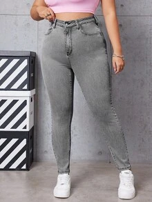 SHEIN EZwear 大码女式高腰口袋修身休闲百搭牛仔裤 - 灰色 - View 3