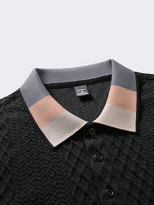 Manfinity Homme Men's Textured Solid Color Flat Collar Polo Shirt Business Casual Tops Men - Black - View 5