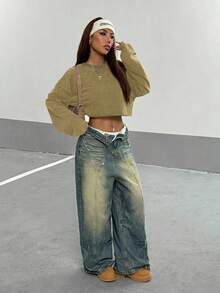 StreetHx Áo sweatshirt nữ cổ tròn, dáng rộng, lửng, màu trơn, đã qua xử lý giặt. - Màu xanh Ô liu - Xem 4