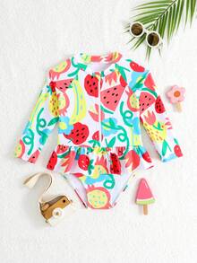 UV Protection Long Sleeve Girls Swimdress, Infant Baby Girl One-Piece Swimsuit, Suitable For Bathing - Multicolor - View 3