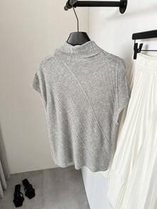 SHEIN Frenchy 女士纯色罗纹立领优雅毛衣背心 - 棕色 - 查看 5