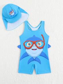 幼儿男童鲨鱼印花泳衣套装（含帽子），可爱又俏皮 - 彩色 - 查看 4