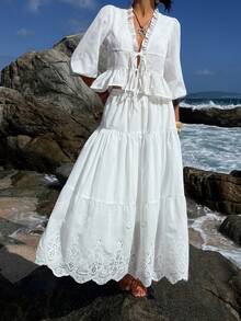 Livesso 春夏提花荷叶边系带露脐上衣和镂空半裙两件套，休闲海滩度假风女装 - 白色 - 查看 2