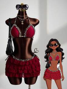 Zestiva 女士泳装套装，时尚性感豹纹荷叶边拼接比基尼，露背系带网纱裙，适合海滩、度假、休闲场合，热销泳装三件套，含裙式泳衣，适合女士泳装，三件套，伊比沙岛派对装扮，哈瓦那之夜装扮 - 紅色 - 查看 1