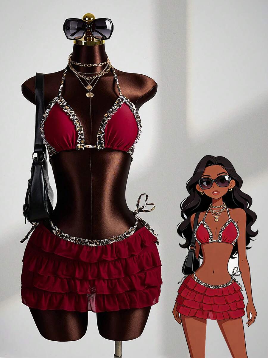 Zestiva 女士泳装套装，时尚性感豹纹荷叶边拼接比基尼，露背系带网纱裙，适合海滩、度假、休闲场合，热销泳装三件套，含裙式泳衣，适合女士泳装，三件套，伊比沙岛派对装扮，哈瓦那之夜装扮 - 紅色 - 查看 1