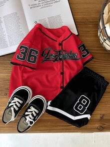 SHEIN 2pcs Baby Boy/Girl Letter Print V-Neck Short Sleeve Top And Elastic Waist Shorts Set - Red - View 3