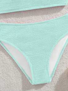 SHEIN 少女比基尼套装，针织波浪纹面料两件式泳衣，优雅保守的欧美时尚风格，适合度假、游泳、夏季和海滩穿着。 - 綠色 - 查看 5