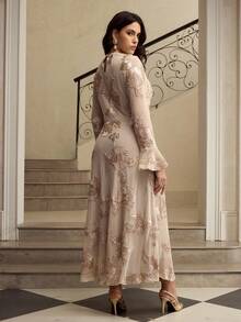 ZEYLAH Elegant Embroidered Mesh Long Sleeve Dress - Apricot - View 3